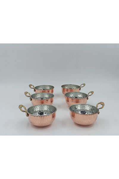 KAYSERİ BAKIRCILIK Copper Snack Bowl, Breakfast Plate with Deep Handles Set of 6 Red