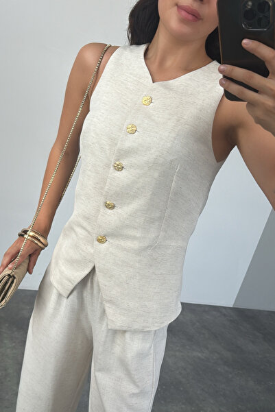 LOOSH Kadın Krem Gold Düğme Detaylı Keten Astarlı Yelek