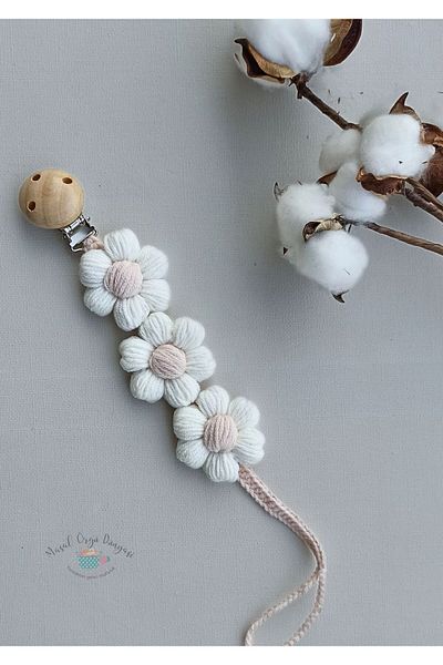 Masal Örgü Dünyası Puf Papatyam Pacifier Strap/ Chain New Collection from Natural Strings