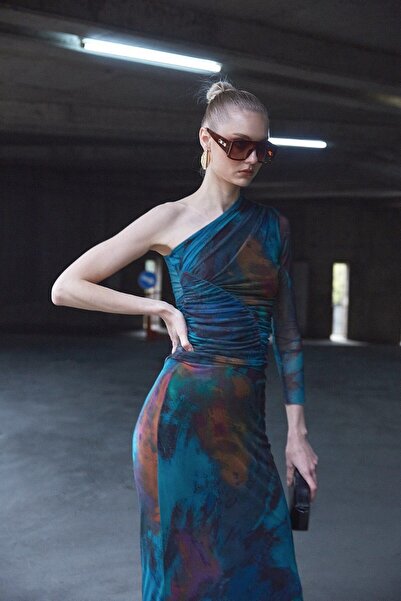 GIA - ART Set de tul dublu drapat cu un singur umăr, albastru colorat