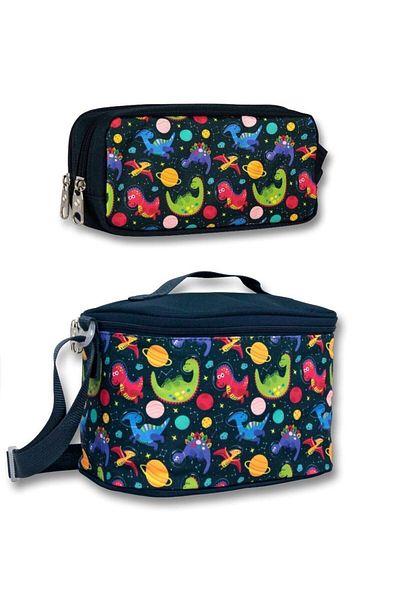 ÜMİT ÇANTA Ümit Çanta Boy's Insulated Lunch Box and Pen Holder Set - Navy Blue Dinosaur and Space