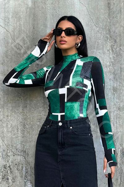 Bipantolon Green Tie-Dye Patterned Black Women's Bodysuit - With Finger Detail