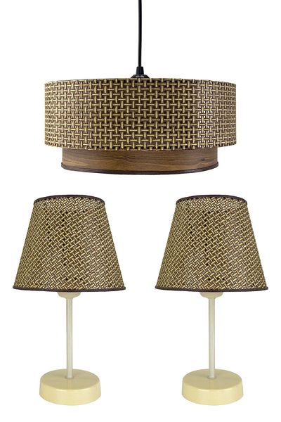 Vivido Home Lina Triple Wicker Chandelier and Lampshade Set - Brown and Wood Patterned