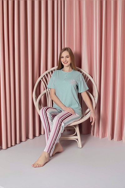 AHENGİM sinGle Jersey Cotton Pajama set for Women - short sleeve, Lower stripes and Chest Embroidery W 20722328