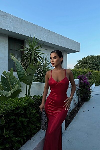 Eka Red Long Strap Slit Women's Dress - 1026-0003