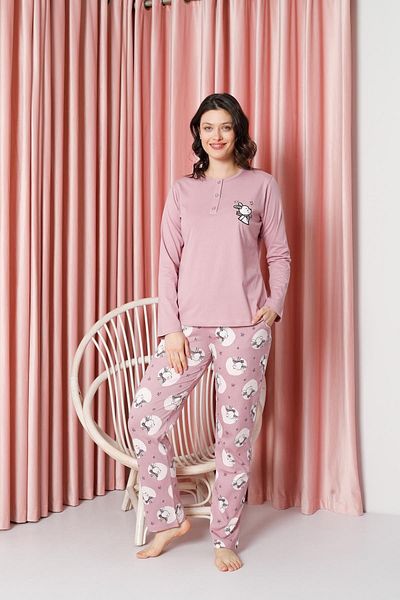 AHENGİM Rabbit Patterned Cotton Single Jersey Women's Pajama Set - Long Sleeve