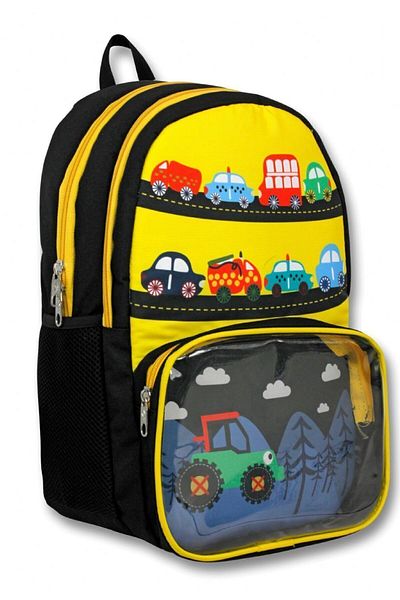 ÜMİT ÇANTA Cennec Yellow Black Vehicles Primary School Backpack Set with Transparent Compartments - Boy