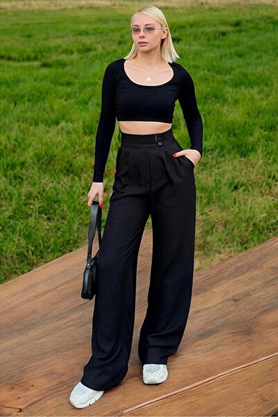 HAKKE Çİft Düğme Pileli Kadın Palazzo Keten PANTOLON