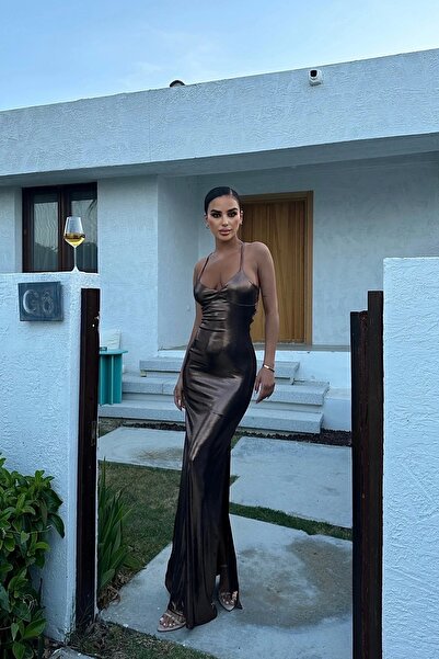 Eka Καφέ Γυναικείο Φόρεμα Μακρύ Σχιστό - Λουράκι 1026-0005