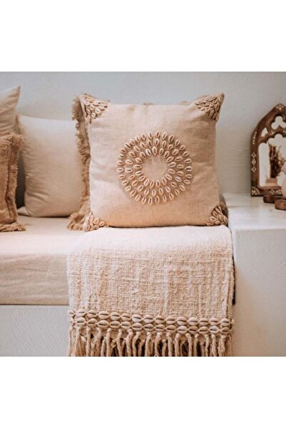 sevaradekor Linen Sea Shell Embroidered Bohemian Cream Handmade Pillow Cushion Case 43x43 Cm Summer Collection