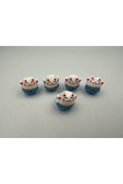 Ebruli Boncuk 14.56 mm Mavi Şans Kedisi 5’li Desenli Seramik Takı Yapımı Bile...