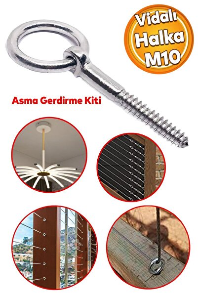 Badem10 Halkalı Vidalı Gerdirme Sabitleme Metal Paslanmaz M10 Çekme Kaldırma Tavan Kancası Asma Kit Civatalı