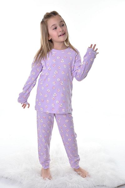 bunny hopp Floral Patterned Corded Girl's Pajama Set - 100% Cotton, Long Sleeve