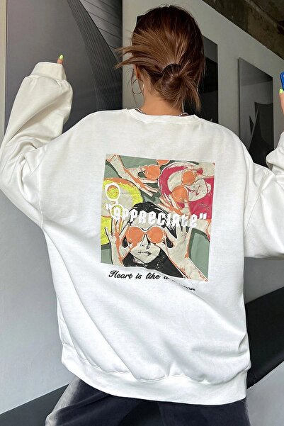 MODAGEN Unisex Λευκή Πλάτη Φούτερ Oversize με λαιμόκοψη