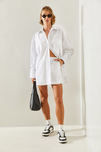 Bianco Lucci Striped Oversize Women's Shorts Set - Single Pocket Detail, Bottom-Top Set 8454 60251459