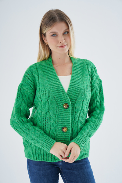 Trist Star سترة تريكو خضراء كبيرة الحجم - رقبة على شكل حرف V، شعر محبوك، تفاص...