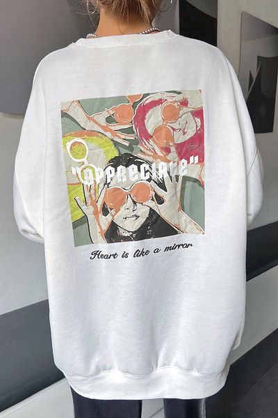 MODAGEN Unisex Λευκή Πλάτη Φούτερ Oversize με λαιμόκοψη