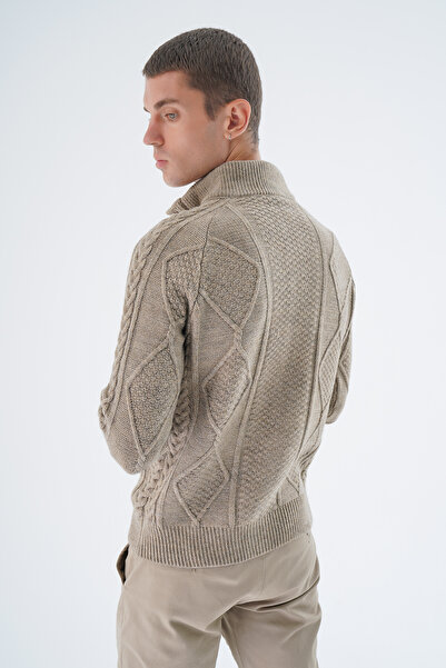 Trist Star Ανδρική ζακέτα πλεκτής πλεκτής μαλλιών σε χρώμα βιζόν - με τσέπες, όρθιο γιακά TRIST-5326