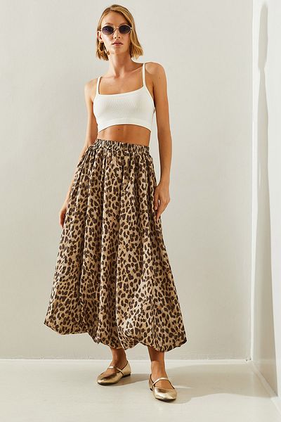 Bianco Lucci Leopard Patterned Satin Taffeta Balloon Women's Skirt - DE 241023 60251461