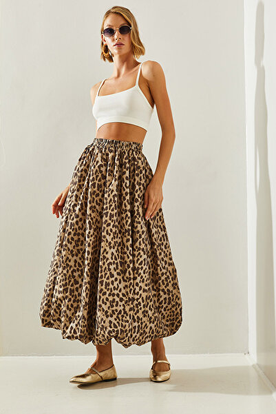 Bianco Lucci Leopard Patterned Satin Taffeta Balloon Women's Skirt - DE 241023 60251461