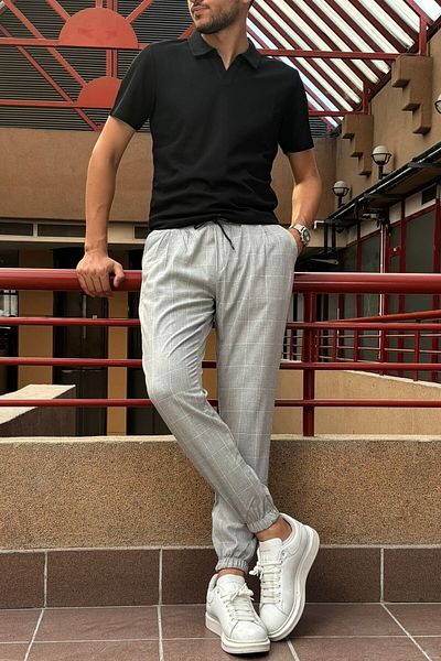 inpool Men's Plaid Patterned Flexible Jogger Pants - Waist Lace-up, Pleat Detailed 24INP199K