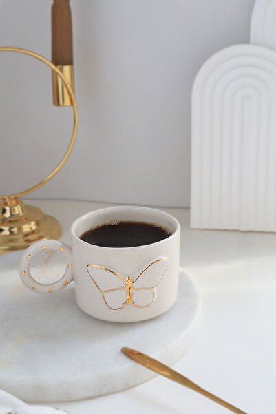 Perla Art El Yapımı Kelebek Figürlü 24K Altın Dekorlu Seramik Mug 200ml