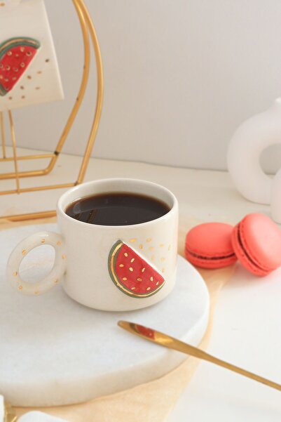 Perla Art El Yapımı Karpuz Figürlü 24K Altın Dekorlu Seramik Mug 200ml