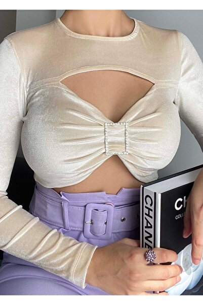 AB LOOKS بلوزة نسائية مخملية ذات نافذة أمامية وإبزيم على الصدر