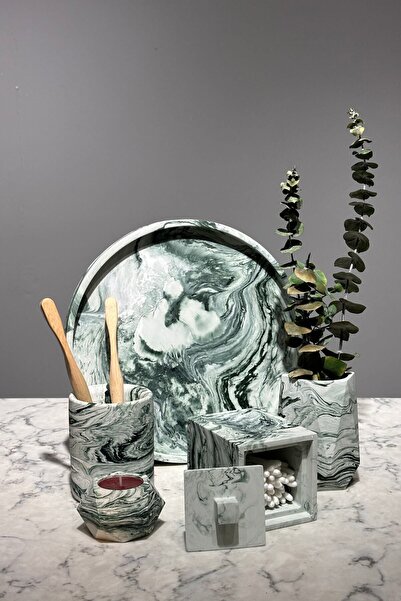 betonmall Set de set de baie din beton cu model de marmură din 6 bucăți Set de prezentare Tavă Suport pentru periuță de dinți Suport pentru lumânări Suport din bumbac