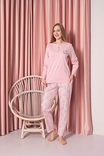 AHENGİM Single Jersey Cotton Floral Patterned Long Sleeve Women's Pajamas Set
