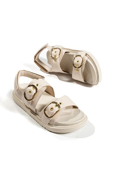 McDark Beige Flat Slippers - Buckle Design