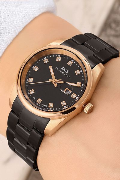 Romanson 5 Atm Waterproof Women's Wristwatch - Steel Cord with Calendar and Rhinestones