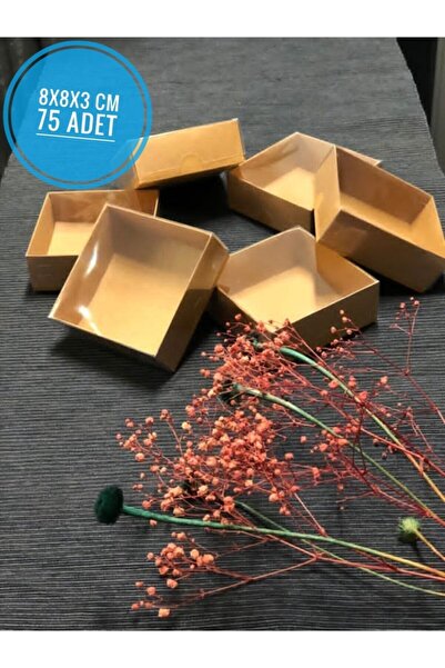 Modern Box 75 Adet 8x8x3 Cm Asetat Kapaklı Kraft Kutu Düğün Nişan Kına Hediyelik Kutu