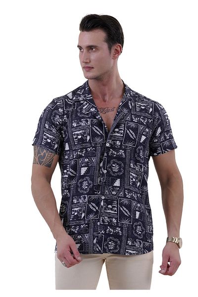 Exve Exclusive Λευκό εμπριμέ Navy Blue Design - Καλοκαιρινό πουκάμισο Hawaii Relaxed Fit Short Sleeve