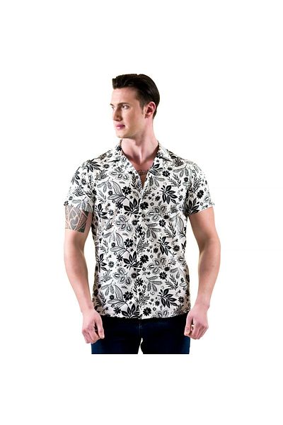 Exve Exclusive Black Flower Leaf Printed Cotton Hawaiian Open Collar Short Sleeve Summer Shirt on White