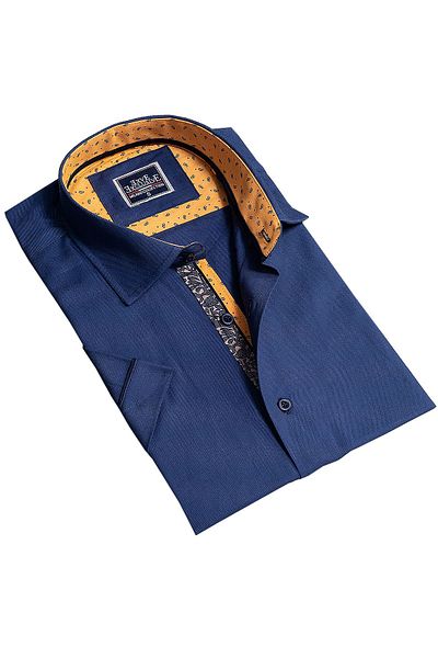 Exve Exclusive Ανδρικό κοντομάνικο πουκάμισο Navy Blue Oxford με κίτρινη λεπτομέρεια