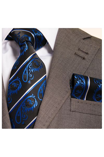 Exve Exclusive Set de cravate cu batistă pe geantă de in cu model Saks Blue Shawl pe neagră