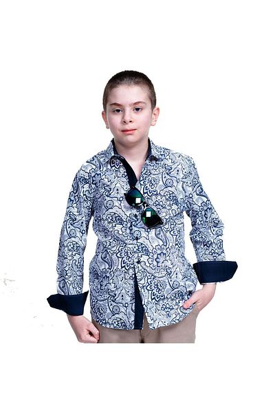 Exve Exclusive Cămașă pentru copii cu model șal mare albastru bleumarin pe alb