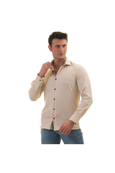 Exve Exclusive Μπεζ Slim Fit πουκάμισο με λεπτομέρεια με σχέδιο καφέ στον γιακά και τις μανσέτες