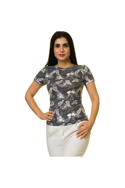 Exve Exclusive Bílé na šedé Růžové dámské tričko Leaf Crew Neck