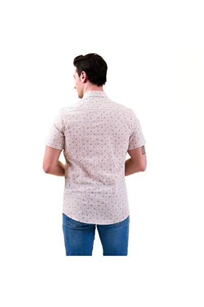 Exve Exclusive Beige Floral Printed Oversize Slim Fit Short Sleeve Shirt