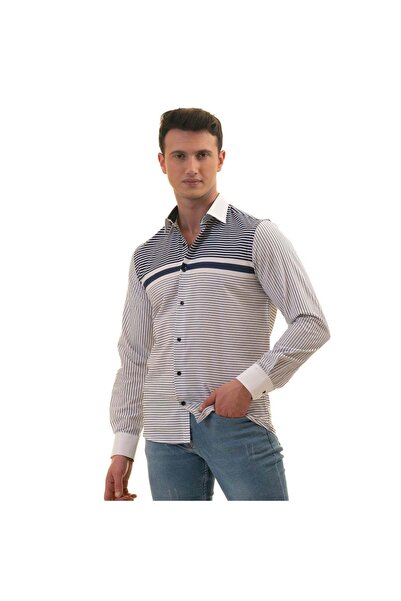 Exve Exclusive Cămașă pentru bărbați, albă, cu dungi albastre închise pe piept, cu croială specială, cu mânecă lungă, slim fit