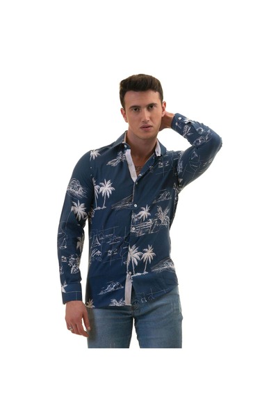 Exve Exclusive Cămașă slim fit respirabilă cu imprimeu albastru indigo hawaian