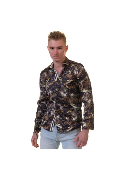 Exve Exclusive Мъжка риза Slim Fit с кафяв, кремав принт и дигитален принт на птици