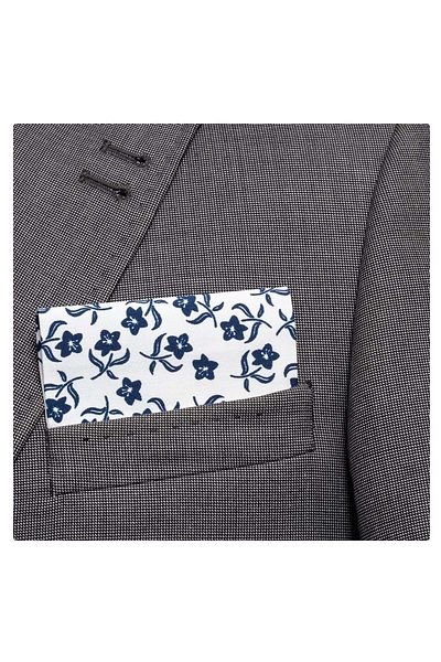 Exve Exclusive Batistă blazer pliată, gata de utilizare, cu guler de buzunar, cu flori albastre pe alb