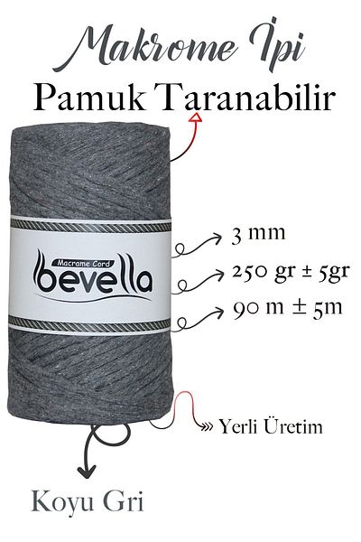 Bevella Macrame Cord Σκάνδαλο Macrame Twine 3mm Σκάνδαλο Βαμβακερό Μονό Twist Macrame Twine Σκούρο Γκρι