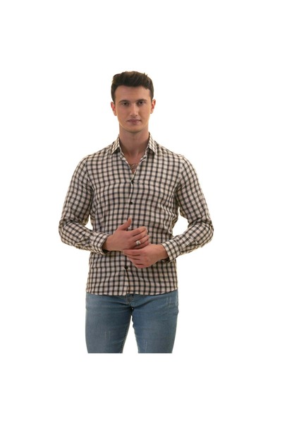 Exve Exclusive Чорна карта на бежевому тлі, картата, довгі рукави, чоловіча сорочка