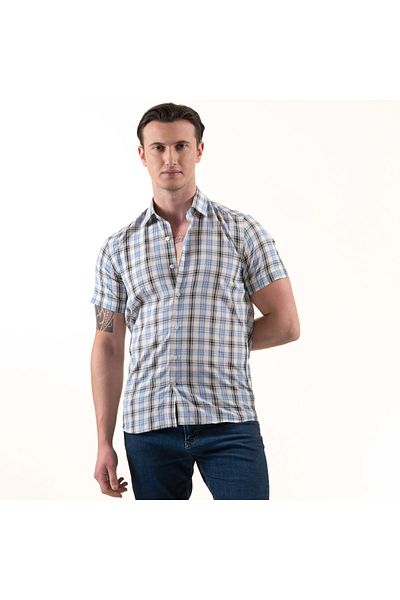 Exve Exclusive Blue Black White Plaid Checked Slim Fit Short Sleeve Summer Shirt