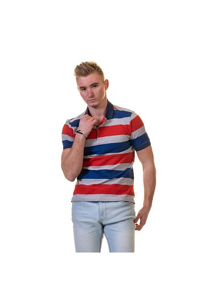 Exve Exclusive Μπλουζάκι Polo Neck Γκρι-Κόκκινο-Μπλε ριγέ κοντό μπλουζάκι