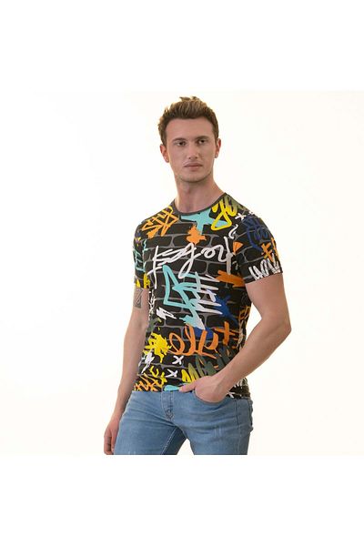 Exve Exclusive Έγχρωμο σε μαύρο τοίχο Graffiti Print Design Ανδρικό μπλουζάκι με λαιμόκοψη Βαμβακερό χτενισμένο μπλουζάκι